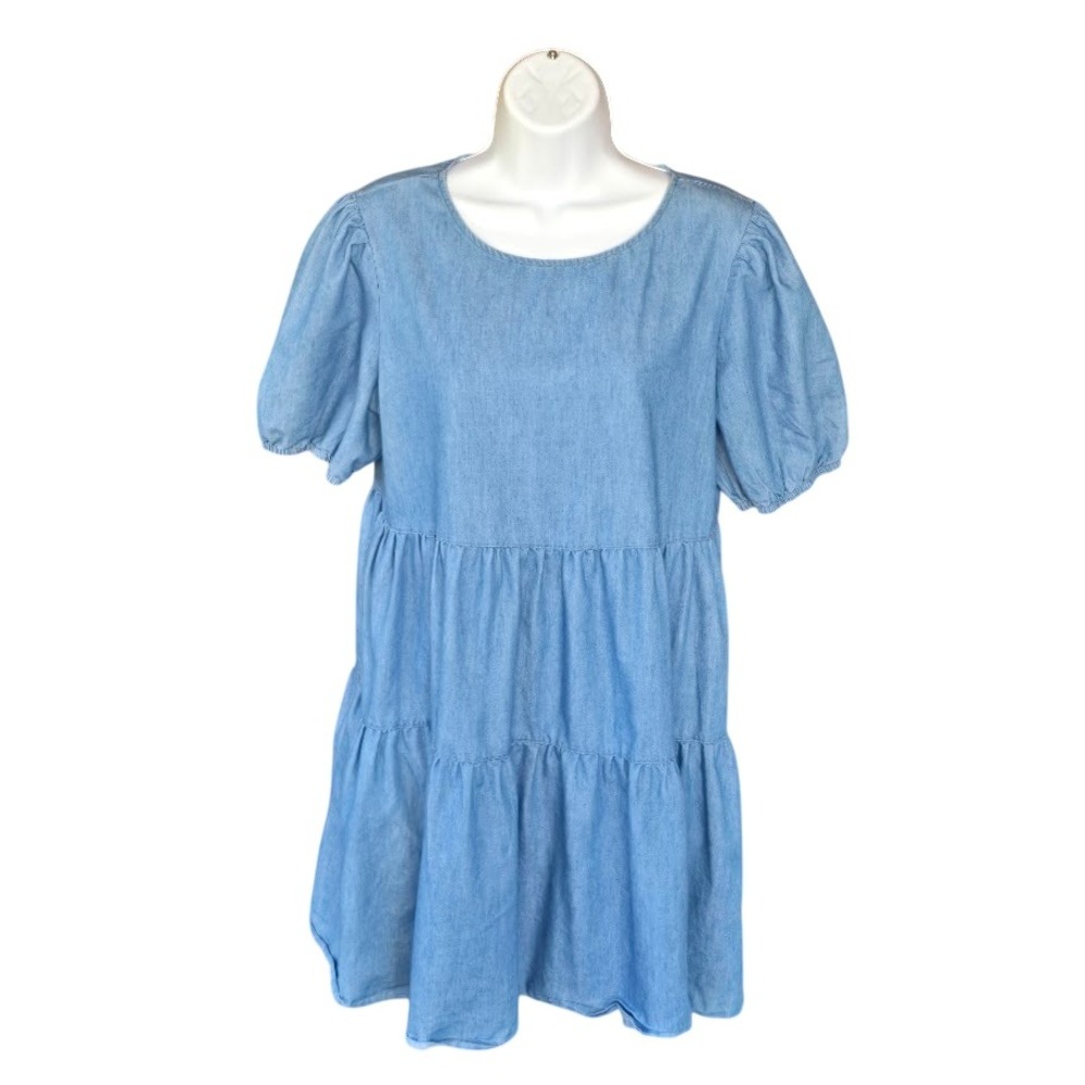 Jack + Avery Blue Denim Mini Tiered Puff‎ Sleeve Dress Women M Cowgirl Cottage
